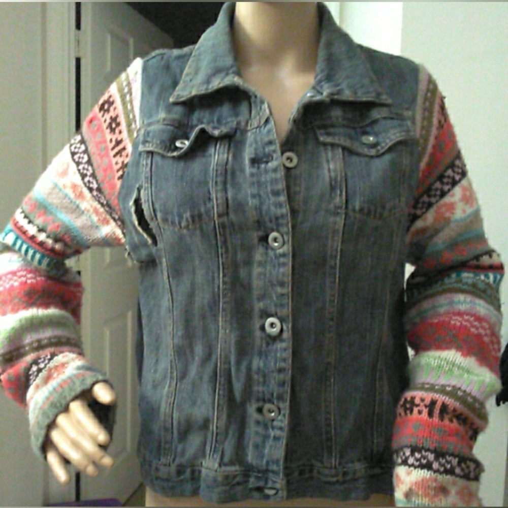 Rubber Doll Denim Jacket W/ Knit Sleeves SZ. XL Lace Distressed